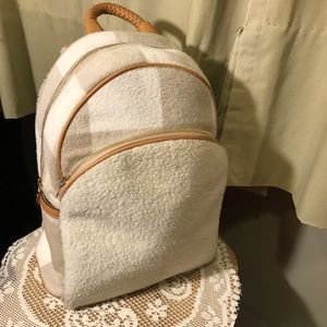 Beige & Cream Fleece Backpack with Carmel-colored Faux Leather, Gold Zippers.